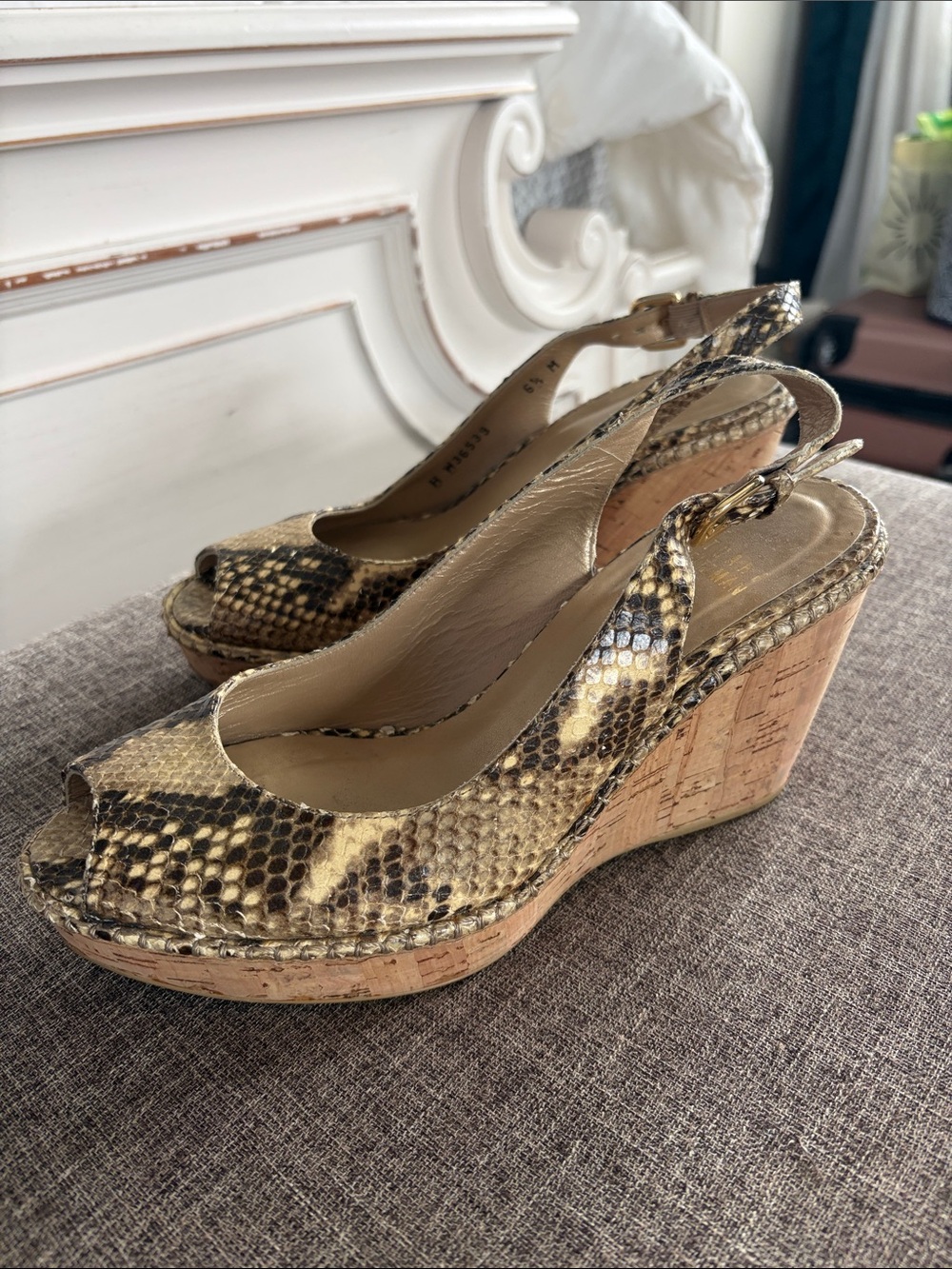 Peep-Toe Wedge Sandals in Snake Print Gold Stuart weitzman 6.5